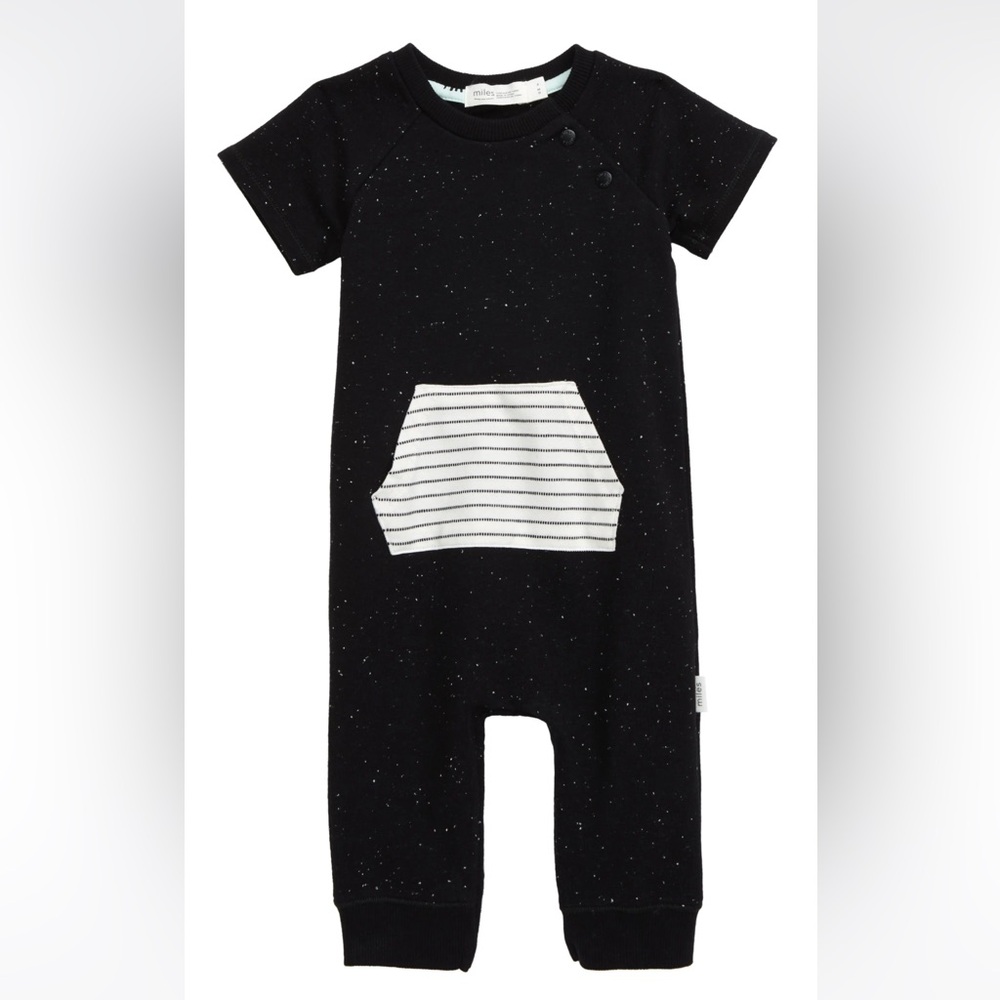 Miles short sleeve romper black white speckles stripes size 9 months unisex 🖤🤍